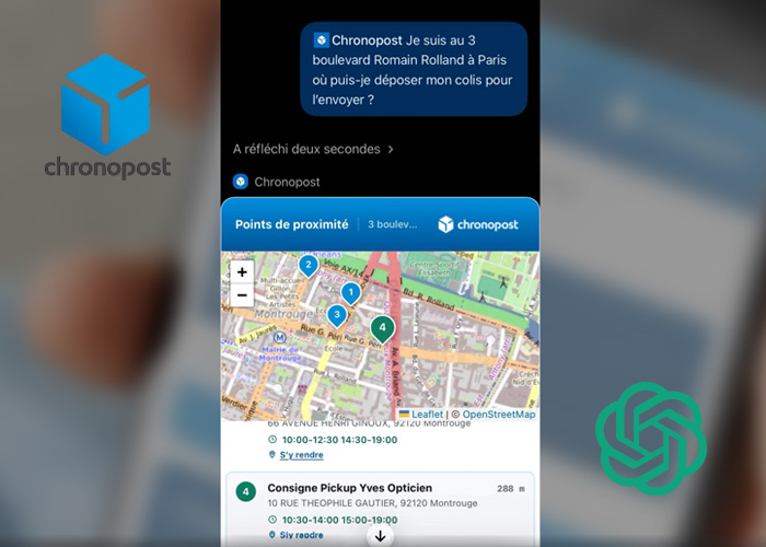 Interface Chronopost affichant des points de proximité sur une carte à la suite d’une recherche effectuée via ChatGPT.