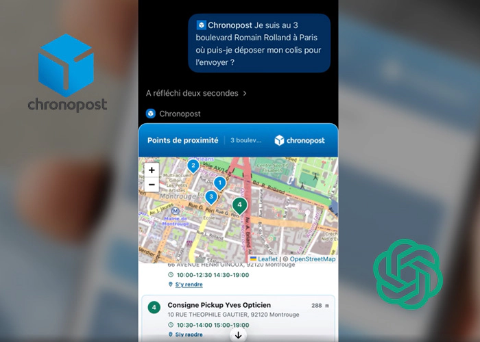 Interface Chronopost affichant des points de proximité sur une carte à la suite d’une recherche effectuée via ChatGPT.