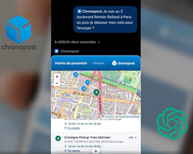 Interface Chronopost affichant des points de proximité sur une carte à la suite d’une recherche effectuée via ChatGPT.