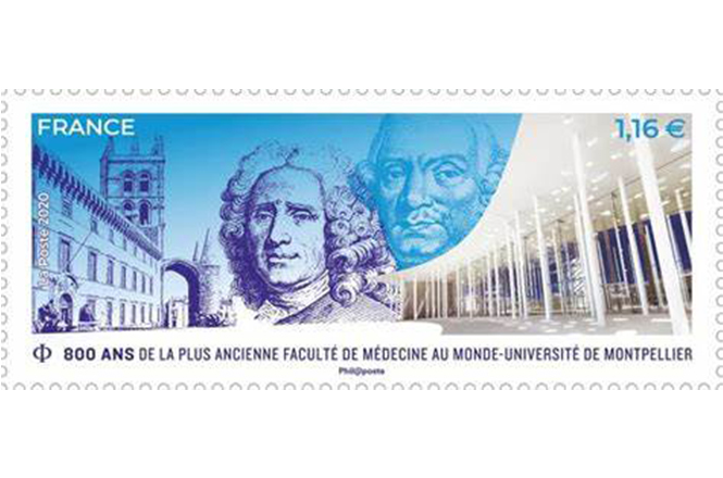 Timbre 800 ANS DE LA PLUS ANCIENNE FACULTÉ DE MÉDECINE AU MONDE-UNIVERSITÉ DE MONTPELLIER : Conception graphique Agent M, © Tallandier Bridgeman Images. © François Fontès architecte - © Photo Sophie Belloni-Vitou.
