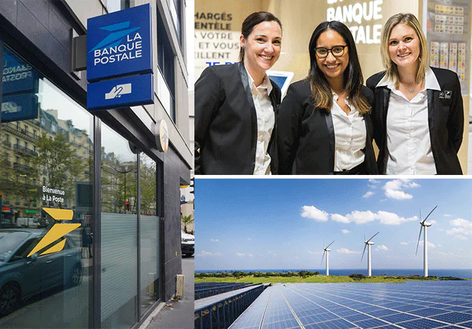 mosaique de visuels avec logo la banque postale, des gants d'accueil et des éoliennes
