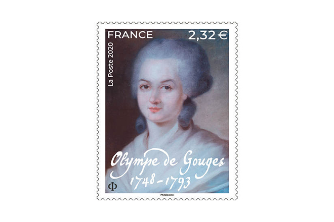 Timbre  Olympe de Gouges 1748 - 1793 : Mise en page Valérie BESSER, portrait attribué à Alexandre KUCHARSKI (1741-1819), Collection particulière, droits réservés.