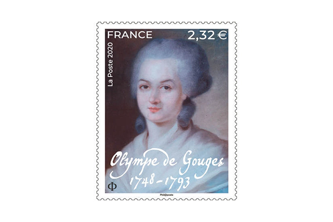 Timbre Olympe de Gouges 1748 - 1793 : Mise en page Valérie BESSER, portrait attribué à Alexandre KUCHARSKI (1741-1819), Collection particulière, droits réservés.