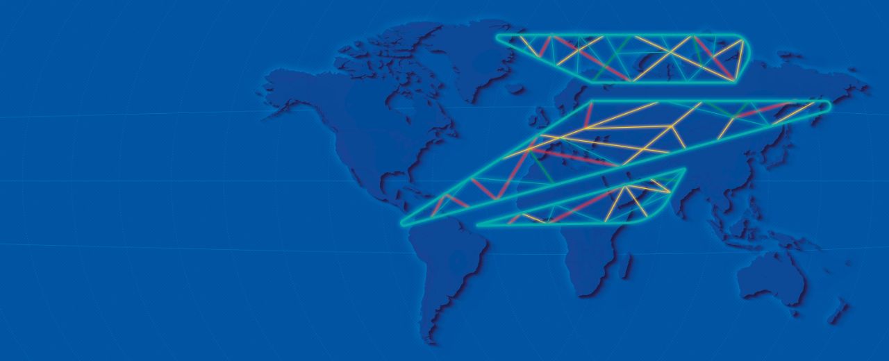 World map featuring multicolored illuminated lines forming the La Poste logo.