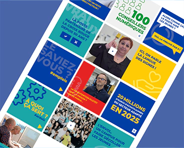 Visuel présentant la mosaïque de contenus concernant l'engagement social et sociétal du groupe La Poste