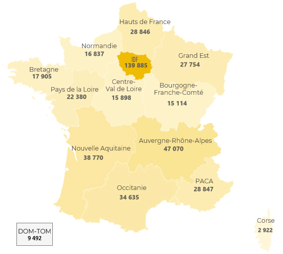 Carte de France indiquant les nombres d'emplois par région.